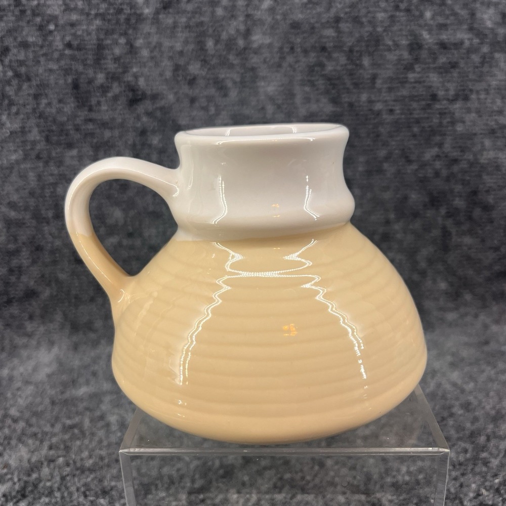 Vintage No Spill Wide Bottom Beehive Coffee Mug Ceramic Pottery White Tan Yellow